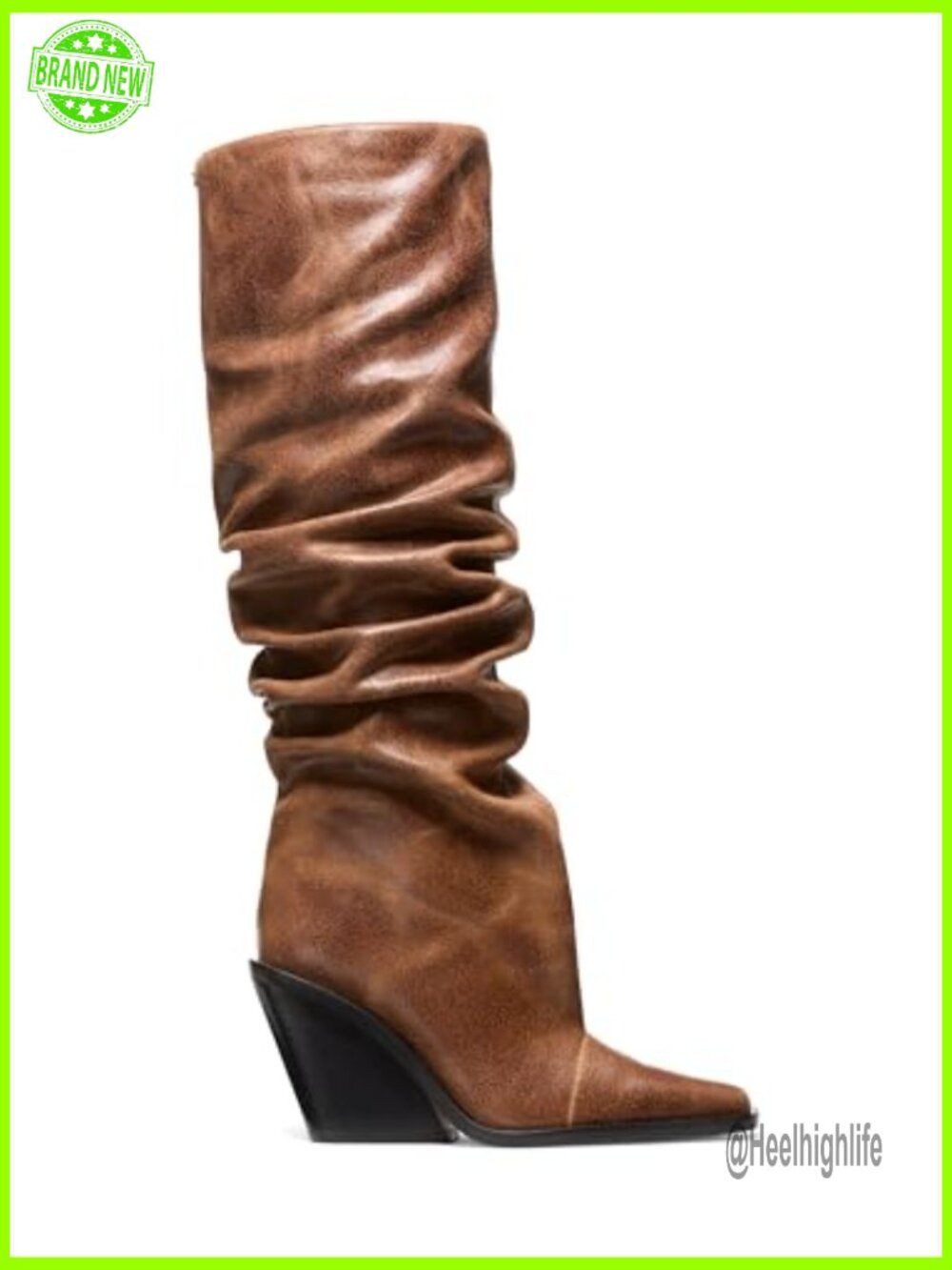 Slouchy Distressed Leather Heeled Boots Pointed Toe Wedge Zip Closure - Picture 2 of 3